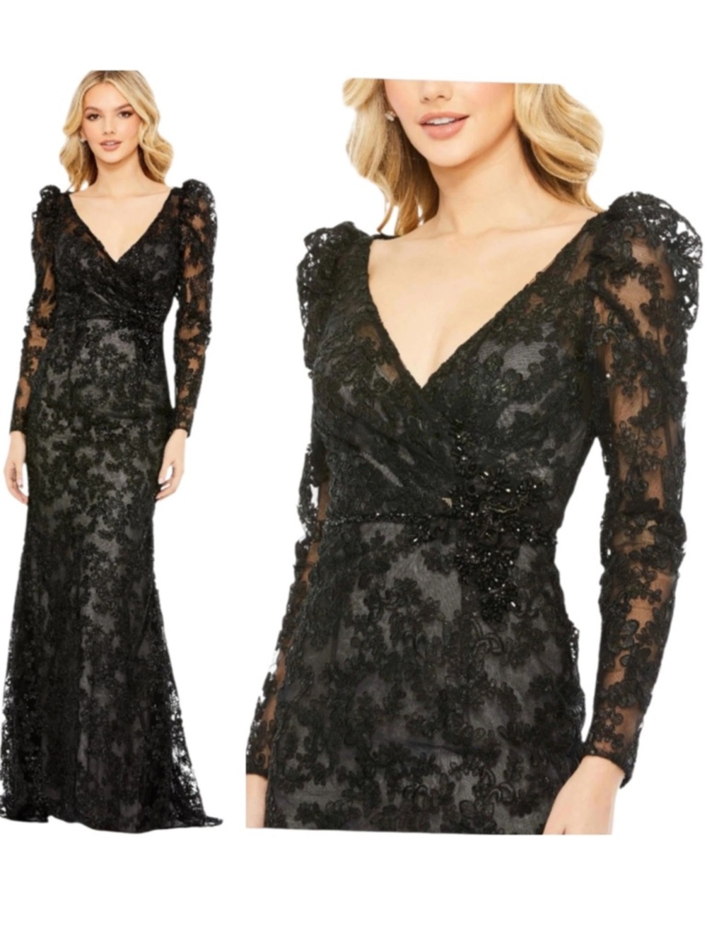 Mac Duggal Size 18 Black 11324 Lace Embroidered Long Sleeve Illusion Gown Dress